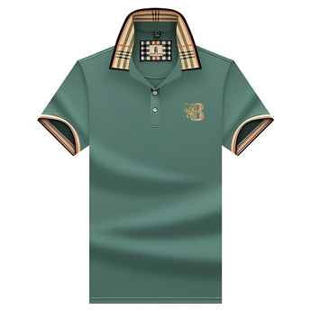 Black designer polo shirt with a plaid collar and gold crest, green variant in 3XL.