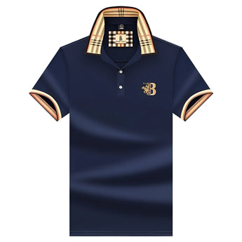 Black designer polo shirt with plaid collar and gold crest in dark blue, 3XL.