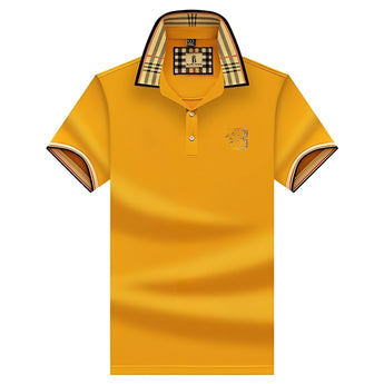 Black designer polo shirt with plaid collar, gold crest, yellow color, 3XL size.
