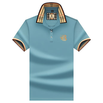 Black designer polo shirt with plaid collar and gold crest in baby blue, size 3XL, featuring short sleeves and sporty design.