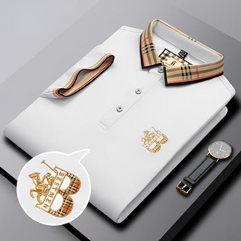Black designer polo shirt with a plaid collar and gold crest.