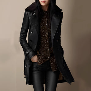 Black Double-Breasted Women's Leather Peacoat with Shearling Collar