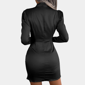 Black fitted long sleeve leather mini dress featuring a sheath silhouette with a crew neckline and form-fitting design, highlighting the shoulders and waist, ideal for chic party occasions.