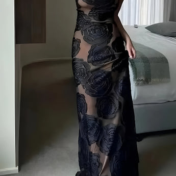 Black floral sheer one-shoulder evening dress featuring an elegant design with a flowing one-piece garment, showcasing intricate floral patterns on sheer fabric, highlighting the shoulder and waist areas for a sophisticated evening look.