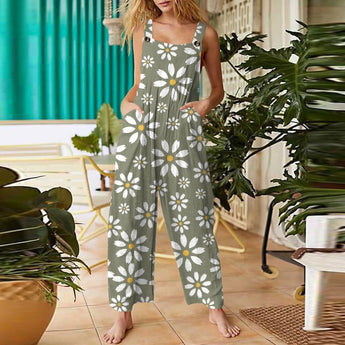Black floral sleeveless jumpsuit featuring a casual summer design with a fitted waist, comfortable pockets, and a soft textile fabric, shown in a gray color variant in size 5XL.