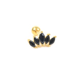 Black gemstone hoop earrings in luxury gold with crystal charms, featuring a black onyx petal design.