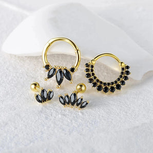Elegant black gemstone hoop earrings in luxury gold with crystal charms, showcasing a fashionable and creative design for special events.