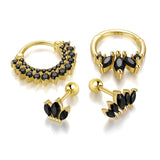 Elegant black gemstone hoop earrings adorned with crystal charms, set in luxury gold, displayed as a sophisticated fashion accessory.