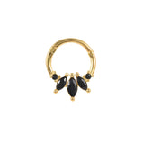 Luxury gold hoop earrings adorned with black onyx gemstone and crystal charms.