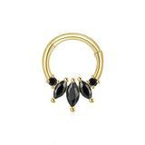 Black gemstone hoop earrings with luxury gold finish and crystal charms.