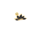 Black gemstone hoop earrings in luxury gold adorned with black floral crystal charms, featuring petal-like designs.