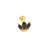 Gold hoop earrings with black teardrop gemstone charms and crystal accents.