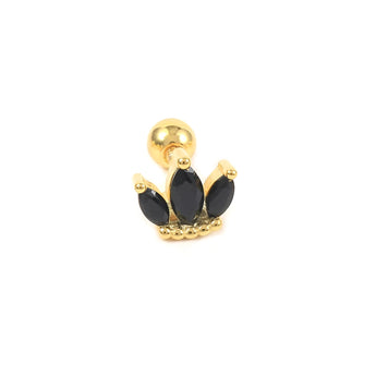 Gold hoop earrings with black teardrop gemstone charms and crystal accents.