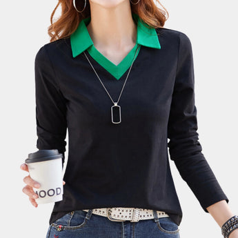 Black and green V-neck blouse featuring long sleeves, suitable for both office and casual wear.