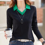 Black and green V-neck blouse in XL, featuring stylish design suitable for office and casual wear, with long sleeves and a comfortable fit.