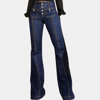 Black high-waist flared wide-leg jeans in dark blue, showcasing retro women's denim style with emphasis on waist and thigh areas.