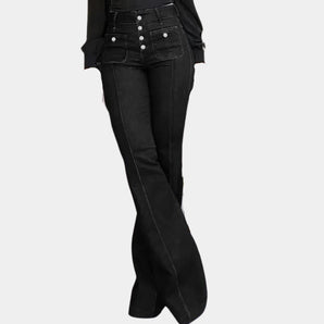 
A pair of black high-waist flared wide-leg jeans in retro women's denim style, displayed in size 2XL. The jeans feature a high waist and a flared wide-leg silhouette, highlighting the fashion-forward design in a dark, classic denim color.
