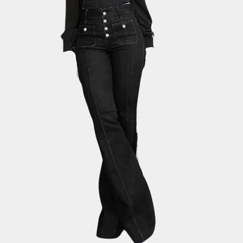 
A pair of black high-waist flared wide-leg jeans in retro women's denim style, displayed in size 2XL. The jeans feature a high waist and a flared wide-leg silhouette, highlighting the fashion-forward design in a dark, classic denim color.