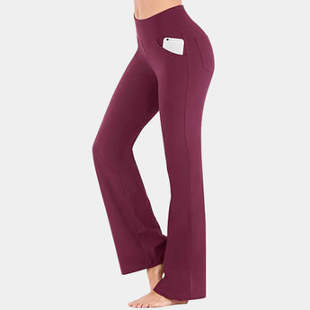 
A person wearing red high-waist flared yoga pants, designed for comfort, stretchability, and breathability.
