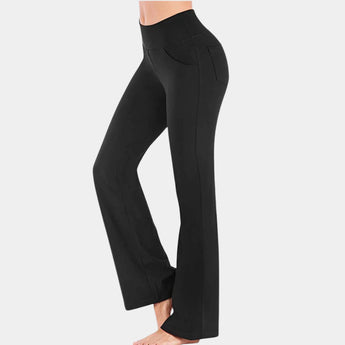 Black high-waist flared yoga pants in Nero color, size 4XL, shown with a smooth and stretchable fabric, providing a comfortable and breathable fit.