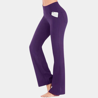 
A pair of black high-waist flared yoga pants in a comfortable, stretchable, and breathable fabric, shown in the Viola color variant for size 4XL. The pants are designed for active wear, emphasizing style and flexibility, with a focus on the waist and flared leg design.