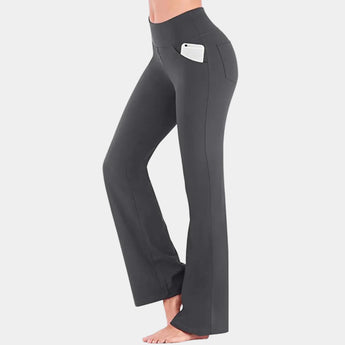 Gray high-waist flared yoga pants in size 4XL, designed for comfort and flexibility, featuring a stretchable and breathable material.