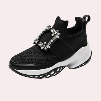 Black Jewel Women's Rhinestone Fashion Sneakers in a chic slip-on design, featuring a sleek black color and stylish rhinestone embellishments on the upper, size 42.