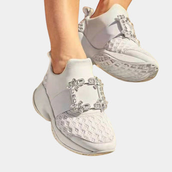 Black Jewel Women's Rhinestone Fashion Sneakers in Wit size 42, featuring a chic slip-on design with silver and grey rhinestone embellishments, perfect for casual walking and fashion-forward styling.