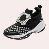 Black Jewel Women's Rhinestone Fashion Sneakers in black, size 42, featuring a chic slip-on design with rhinestone embellishments, suitable for both athletic and casual wear.