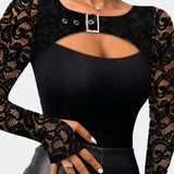 Black lace bodysuit with long sleeves and a keyhole neckline, designed for party wear.