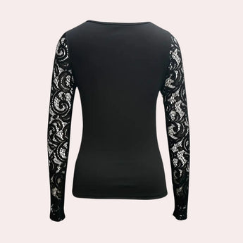 
A stylish black lace bodysuit featuring long sleeves and a keyhole neckline, designed for party wear.