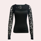 Black lace bodysuit with long sleeves and a keyhole neckline, designed for party wear in size XL.