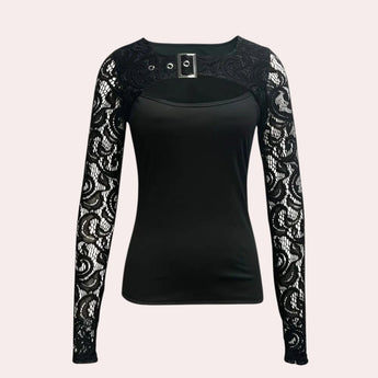 Black lace bodysuit with long sleeves and a keyhole neckline, designed for party wear in size XL.