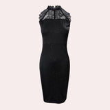 Black lace glitter evening gown featuring a sleeveless high-neck design, fitting in sheath style to accentuate the waist and legs.