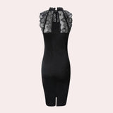 Black lace glitter evening gown featuring a sleeveless high-neck design with a sheath silhouette, highlighting fashion elegance.