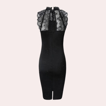 Black lace glitter evening gown featuring a sleeveless high-neck design with a sheath silhouette, highlighting fashion elegance.