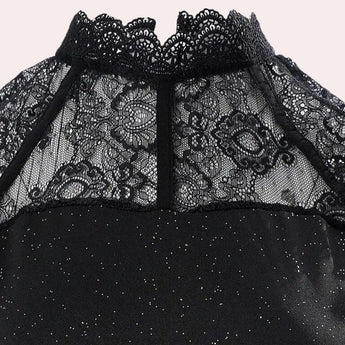 Black lace glitter evening gown with a sleeveless high-neck design, featuring intricate lace patterns and a shimmering appearance.