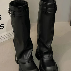 Black Leather Boots with Chunky Sole & Buckle for Urban Winter