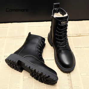 Black leather fur-lined insulated winter combat boots featuring a durable leather exterior and sturdy synthetic rubber sole, designed for warmth and protection in cold weather conditions.