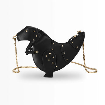 Black leather horse-shaped crossbody bag with a gold chain strap, featuring a unique equestrian design.
