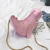 A black leather horse-shaped crossbody bag with a gold chain strap, featuring intricate patterns and ornamental details.