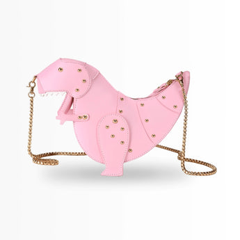Black leather horse-shaped crossbody bag with a gold chain strap, featuring a pink color variant.