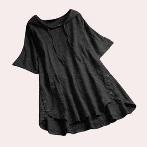 
An asymmetrical black linen tunic in a loose-fit style, designed for summer wear, available in size 4XL.