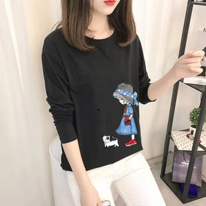 Black Long Sleeve Cartoon Print Blouse - Trendy Women's Fashion Top