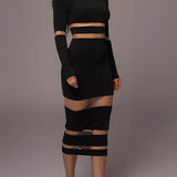 Black long sleeve sheer mesh curve-hugging midi cocktail dress showcasing shoulder, waist, and thigh areas.