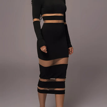 Black long sleeve sheer mesh curve-hugging midi cocktail dress showcasing shoulder, waist, and thigh areas.