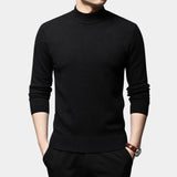 Black men's slim fit wool turtleneck sweater in size 4XL, featuring long sleeves and a fitted design. The sweater is styled for winter fashion, shown in a solid black color, worn by a person.
