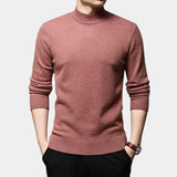 Black men's slim fit wool turtleneck sweater in rose color, displayed on a human body, highlighting the long sleeves and high neck design, suitable for winter fashion.