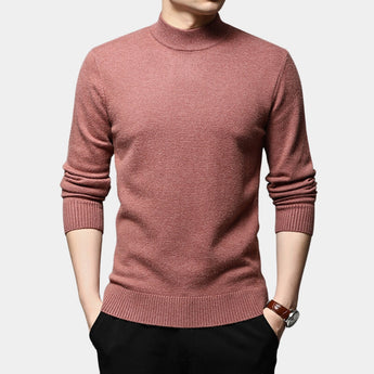 Black men's slim fit wool turtleneck sweater in rose color, displayed on a human body, highlighting the long sleeves and high neck design, suitable for winter fashion.