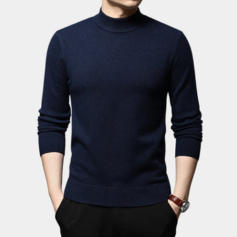 Men's marine blue slim fit wool turtleneck sweater in 4XL, showcasing long sleeves and a comfortable fit for winter fashion.